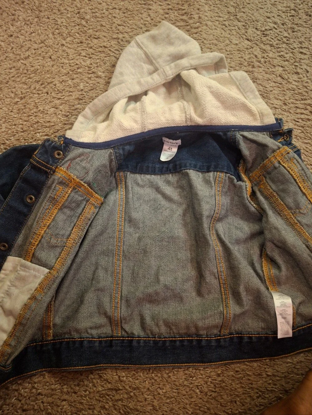 Cute Carter's Denim Jean Jacket with Light Gray Hood and Patch Accents Size 4t